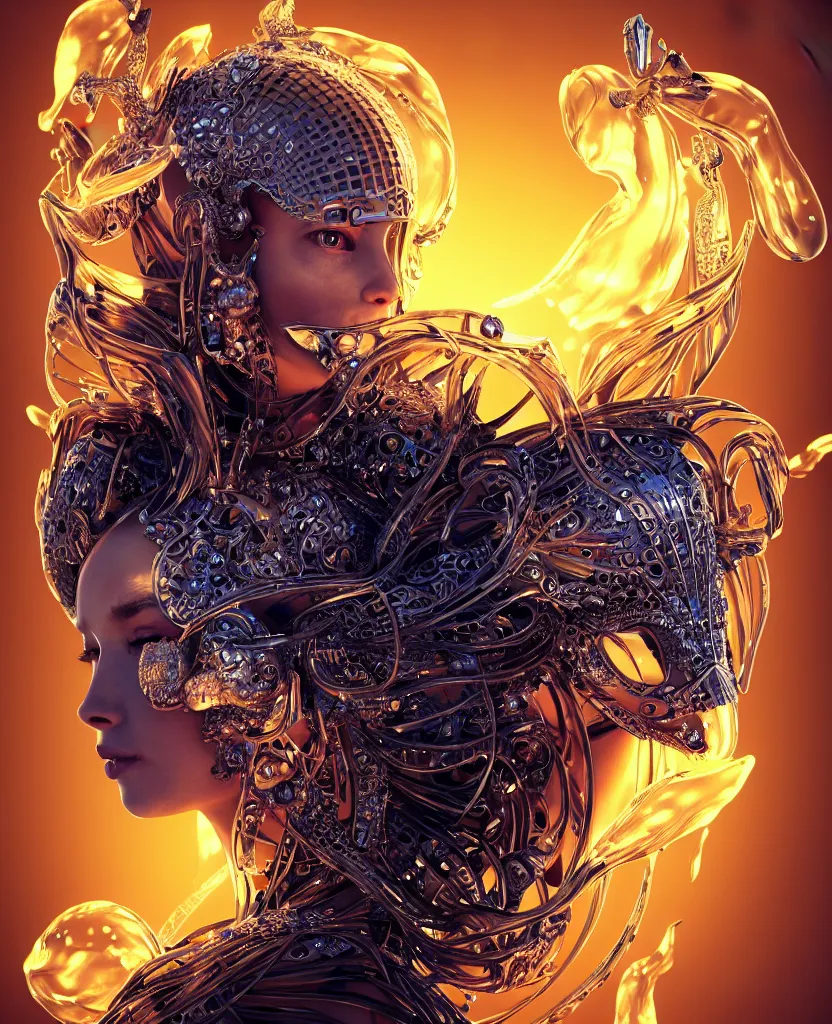 Image similar to close-up macro portrait of the face of a beautiful princess with animal skull mask, epic angle and pose, symmetrical artwork, 3d with depth of field, blurred background, cybernetic jellyfish female face skull phoenix bird, translucent, nautilus, energy flows of water and fire. a highly detailed epic cinematic concept art CG render. made in Maya, Blender and Photoshop, octane render, excellent composition, cinematic dystopian brutalist atmosphere, dynamic dramatic cinematic lighting, aesthetic, very inspirational, arthouse. y Greg Rutkowski, Ilya Kuvshinov, WLOP, Stanley Artgerm Lau, Ruan Jia and Fenghua Zhong