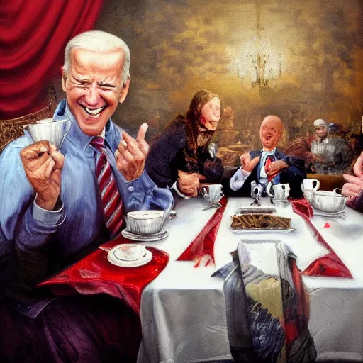 Prompt: a photorealistic oil painting of joe biden laugh in tea party with osama bin laden, justify content center, hyper realistic content, frontal hyperdetailed realistic content, sharp focus, intricate, baroque, delete duplicate content