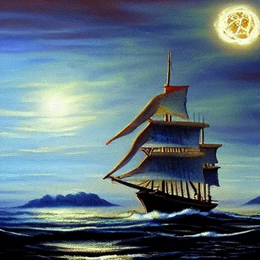 Image similar to a sailing ship off the shore of a beautiful coast with a distant ominous biopunk tower filled with evil technology glowing in the distance, painting by John Berkley