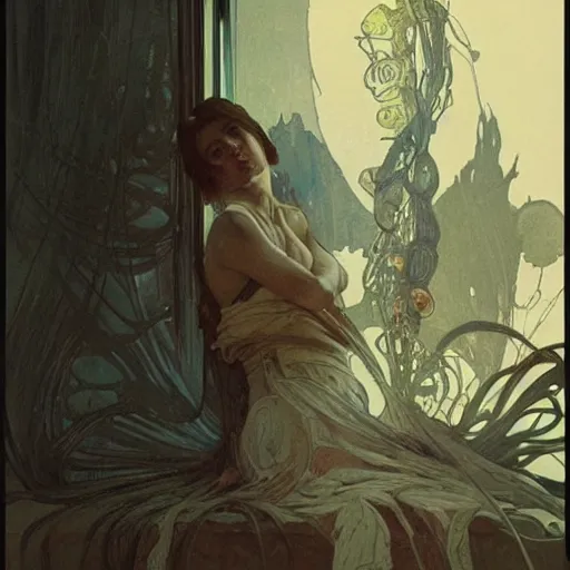 Image similar to nanoparticles, by james jean, greg rutkowski, giger, alphonse mucha, andrew wyeth