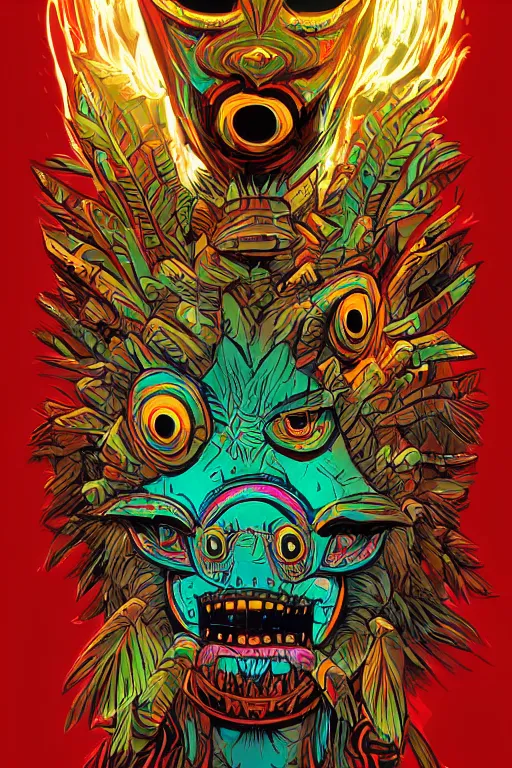 Image similar to totem animal tribal chaman vodoo mask feather gemstone plant wood rock video game illustration vivid color borderlands by josan gonzales and dan mumford radiating a glowing aura