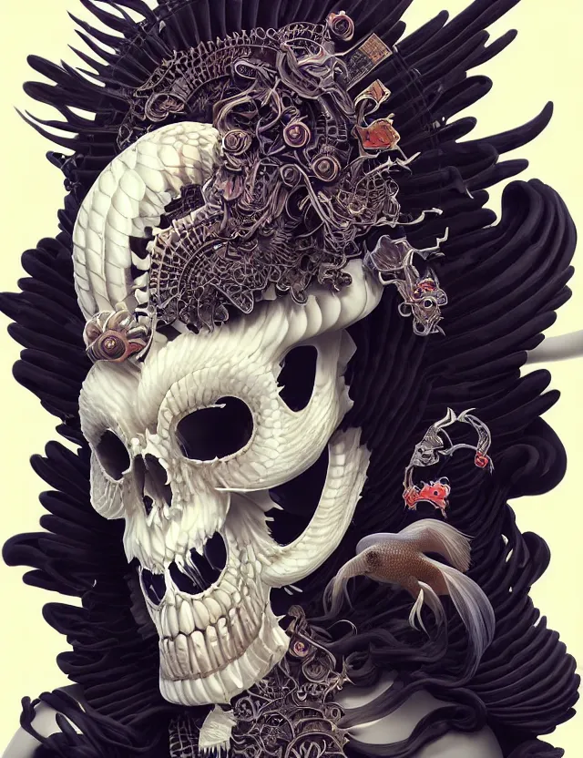 Image similar to 3 d goddess of death close - up profile portrait with ram skull. beautiful intricately detailed japanese crow kitsune mask and clasical japanese kimono. betta fish, jellyfish phoenix, bio luminescent, plasma, ice, water, wind, creature, artwork by tooth wu and wlop and beeple and greg rutkowski