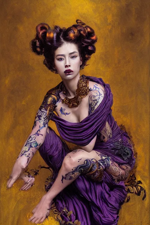Prompt: an epic painting of a 1 9 years old girl figure sitting on chair, curly messy high bun hairstyle, whimsically designed oriental tattoos, subject wearing a gold and ruby alexander mcqueen medieval gown, flowing, ornate, beautiful, forbidden beauty, dramatic earth colors, with few vivid purple highlights, by jeremy mann and greg rutkowski, trending on artstation, oil on canvas