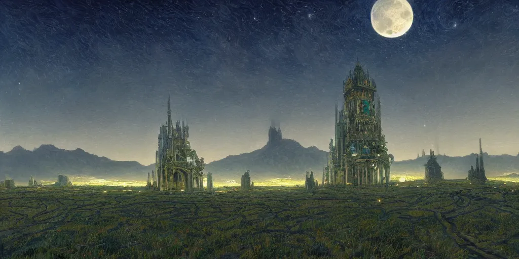 Image similar to The great intricate marble and golden wizards tower, painted landscape, green fields in the background, moody lighting, moon in the night sky, sharp image, 4k, art by Donato Giancola and Bayard Wu, digital art, trending on artstation