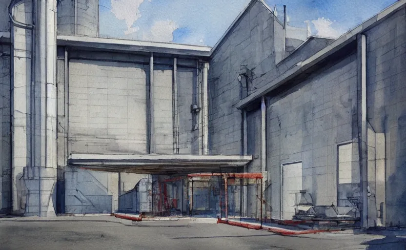 Image similar to concept art of a concrete factory exterior, pinterest, artstation trending, behance, watercolor, by coby whitmore, silver, laser light,