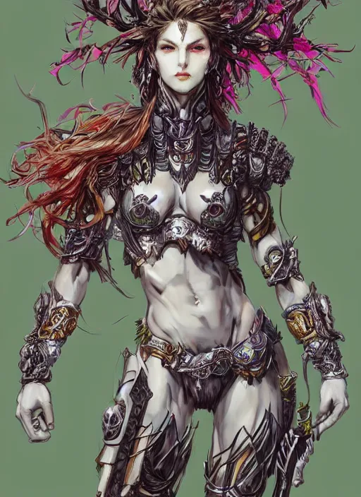 Prompt: Half body portrait of a beautiful dryad warrior in white temple armour, vibrant colours, chosen by the god, ornate. In style of Yoji Shinkawa and Hyung-tae Kim, trending on ArtStation, dark fantasy, great composition, concept art, highly detailed, dynamic pose.