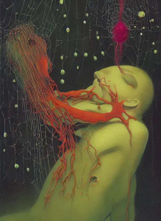 Image similar to She Eats Joyfully of the Strangling Fruit and Her spiderlike gossamer glistening polyp blossoms bring iridescent fungal flowers whose spores black the foolish glaring stars Edward Hopper and James Gilleard, Zdzislaw Beksinski, Mark Ryden, Wolfgang Lettl highly detailed