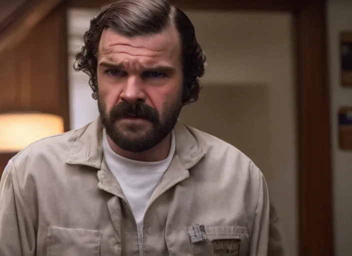 Image similar to film still of jim hopper as mike wheeler in stranger things, 8 k