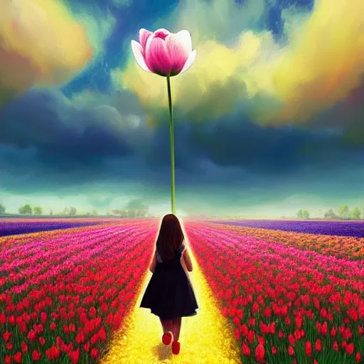 Image similar to large tulip head, girl walking in a flower field, surreal photography, sunrise dramatic light, impressionist painting, colorful clouds, digital painting, artstation, simon stalenhag, flower face