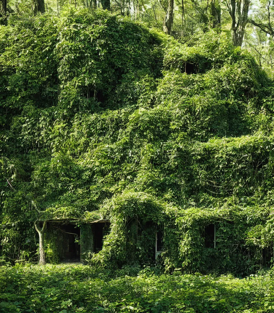 Prompt: a house made of rampant vine growth, in a clearing in the middle of a vine forest, dappled sunlight, 35mm photography, in the style of david chipperfield and gregory crewdson