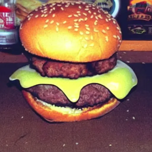 Image similar to grainy screenshot from a video of a demon eating a burger