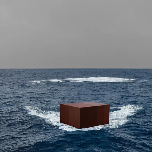 Prompt: a cube in the middle of the sea with images of a tumultuous sea on its sides. in the style of Richard Serra