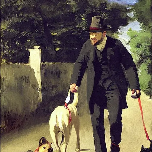 Image similar to Tom Hardy walking a dogs by Edouard Manet