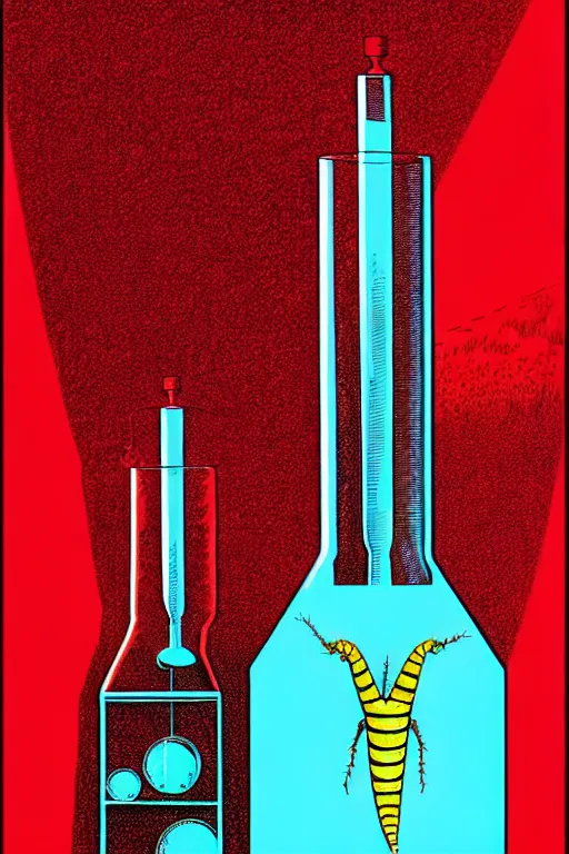 Image similar to an erlenmeyer flask with a caterpillar inside, bold line art, by vincent di fate inking, etching, screen print, masterpiece, sharp, high contrast, hyper - detailed, hd, 4 k, 8 k