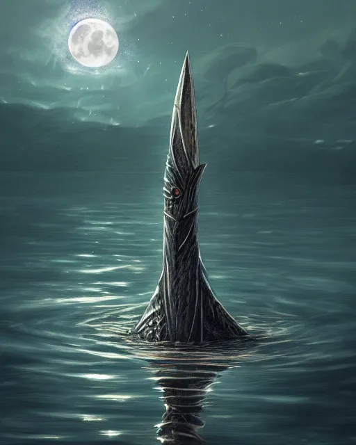 Image similar to legendary excalibur rising from the middle of a lake under a giant full moon, rippling reflections, lady of the lake, western, D&D, fantasy, intricate, elegant, highly detailed, digital painting, artstation, concept art, matte, sharp focus, illustration, masterpiece, stunning, artstation