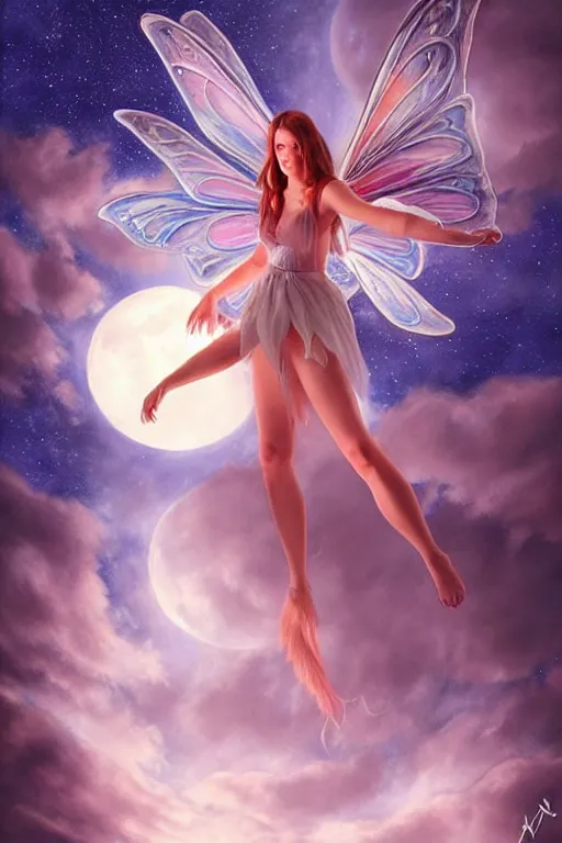 Image similar to attractive fairy magically floating high in the night, fantasy, full moon in background. highly detailed painting by artgerm, mid shot, 8 k