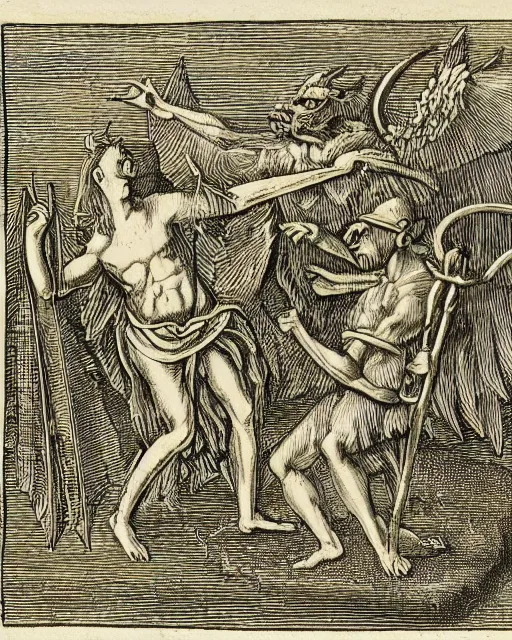 Prompt: devil fights angel, high detail, extremely detailed, very sharp, in the style of theodor de bry,