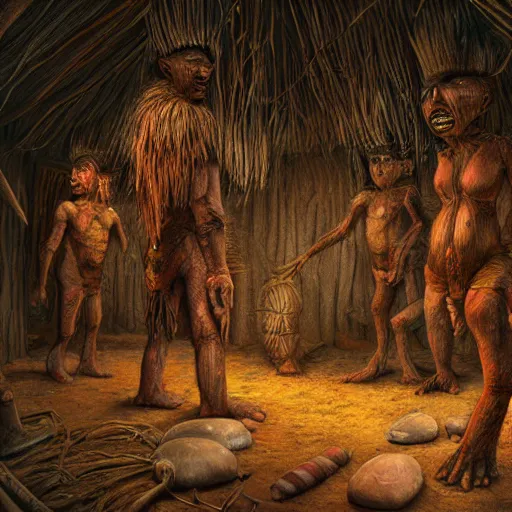 Prompt: primitive extraterrestrial villagers inside primitive hut, dramatic lighting, illustration, ron cobb, mike mignogna, science fiction, detailed painting, high detail, coherent, rough paper