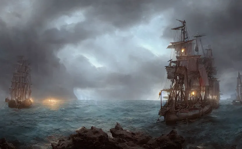 Prompt: A secret pirate shanty town and harbor full of sail ships, on a volcanic island. Sscenic view, overcast, storm on the horizon. Atmospheric matte painting by Darek Zabrocki and Emmanuel Shiu, 4k ultra detailed, cinematic.