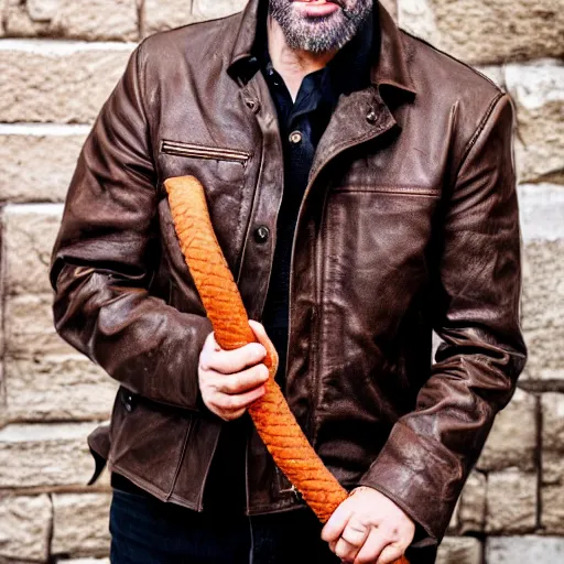 Prompt: a handsome rugged man with five - o - clock - shadow in a black leather jacket, brown pants, full - brim fedora, swinging a bullwhip