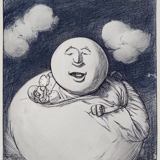 Prompt: candid portrait of floating white ball with face smiling eyes closed, surrounded by clouds, illustrated by peggy fortnum and beatrix potter and sir john tenniel