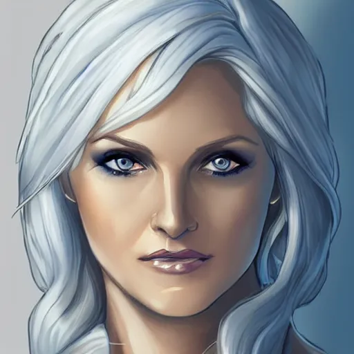 Image similar to portrait of emma frost, a beautiful woman in her 3 0 s with white blonde hair and blue eyes, dressed in a fashionable white suit, detailed face, smooth, sharp focus, teasing smile, artstation, art by knight zhang,