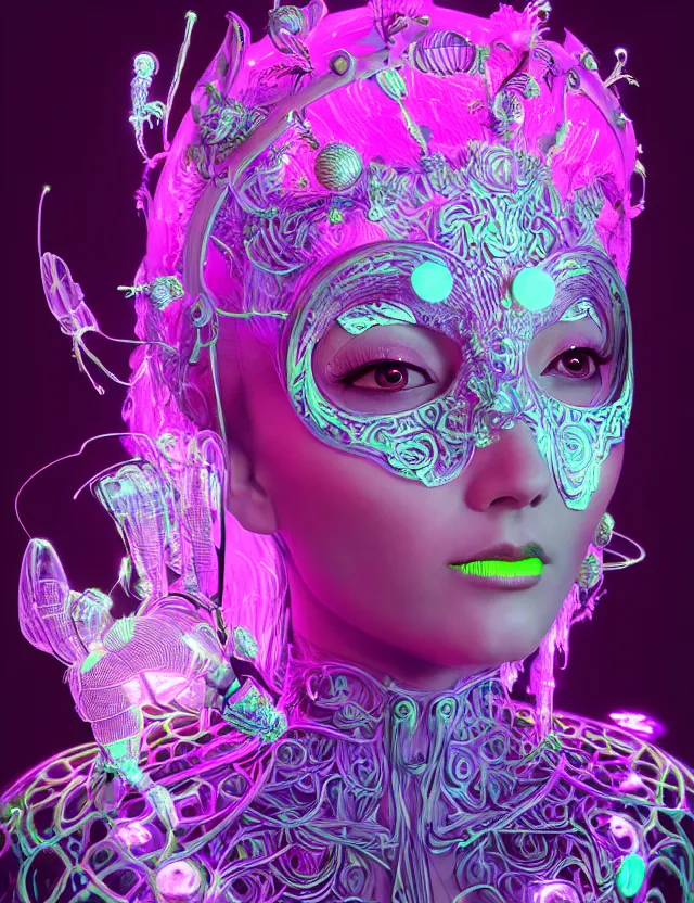 Image similar to 3 d goddess medium shot portrait with hyperdimensional mycorrhizal implants. beautiful intricately detailed avante garde bee mask and retrowave sorceress outfit. glowing bio luminescent, water, pulse projections, creature, artwork by tooth wu and wlop and android jones and beetle and greg rutkowski