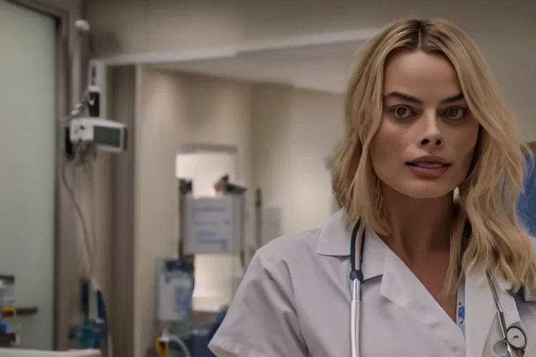 Image similar to margot robbie as a nurse in a hospital, thicc, detailed body, seductive eyes, wall lighting, healthcare setting