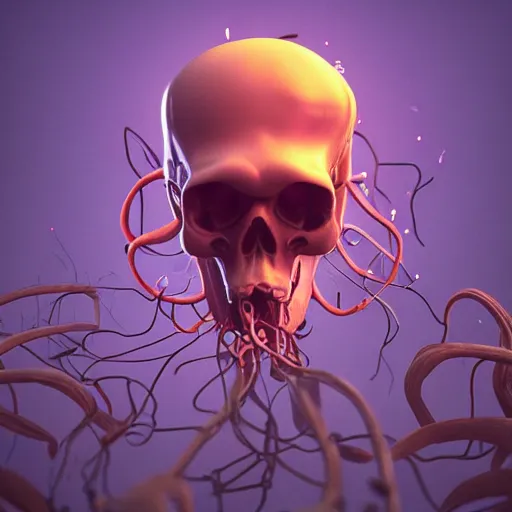 Prompt: a human Skull mutating into flowers, tentacles, unnatural shapes, jellyfish tentacles reaching out, coherent human Skull, insect, chaotic octane render, 3d digital art by beeple, unreal engine 5, award winning,