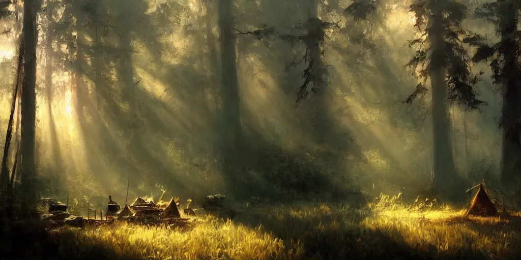 Image similar to A Craig Mullins oil painting of a hauntingly beautiful forest in the morning; a-weary-traveler-is-sitting-next-to-a-small-campfire; rays of light coming through the canopy; trending on artstation; extraordinary masterpiece!!!!!!; 8k