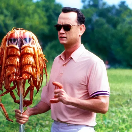 Prompt: Tom Hanks as forrest gump has giant shrimp heads instead of hands, hyper realistic, 8k resolution, amazing detail