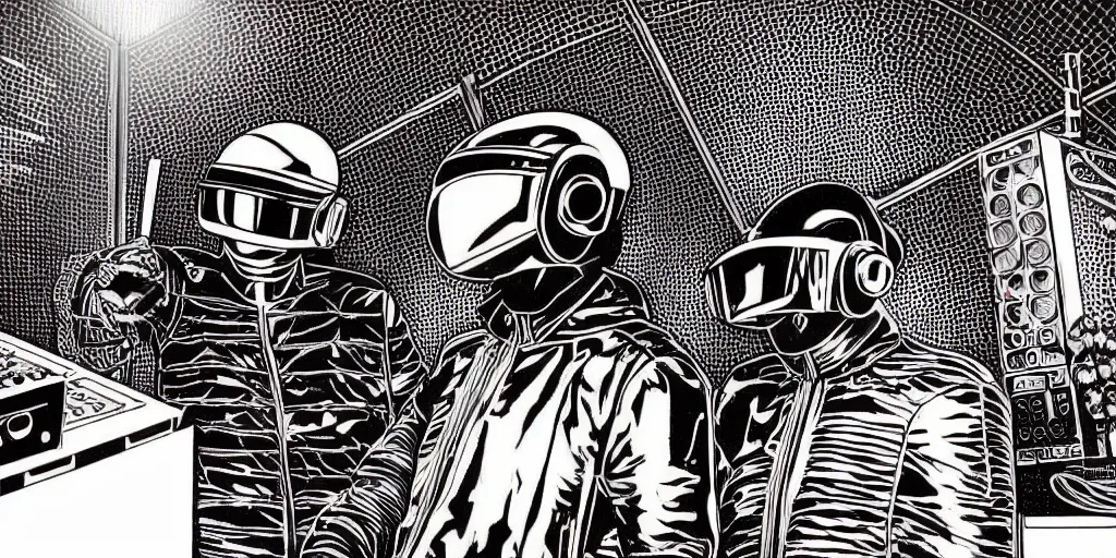 Prompt: intricate detailed artwork of Daft Punk using dj controller at an underground warehouse rave in Ibiza playing techno house music, housands of beautiful gorgeous female dancing in bikini, in the style of Moebius, wires, speakers, black and white ink, some ink drips