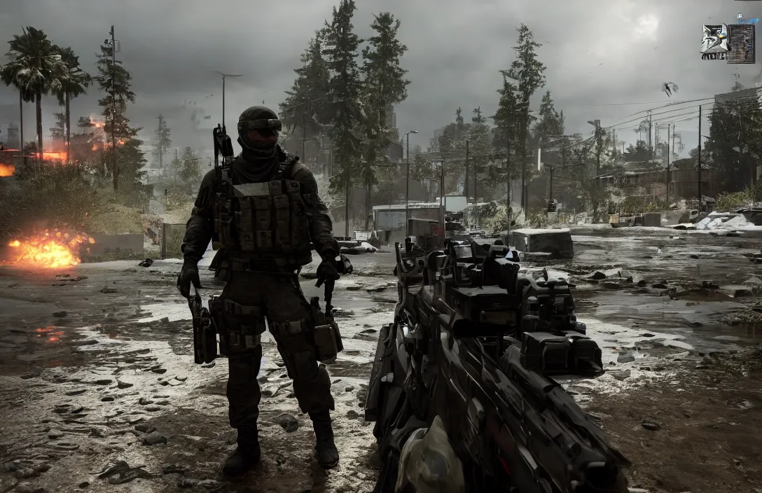 Prompt: still next - gen ps 5 game call of duty warzone 2 0 2 4 remaster, graphics mods, heavy rain at night, mexican, rtx reflections, photorealistic screenshot, extremely detailed, ak - 4 7, unreal engine, 4 k, 5 0 mm bokeh, close - up hammer h 1, call of duty remastered, artstation