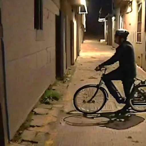 Prompt: cctv footage of jesuscrist stealing a bike in the middle of the night in an alley