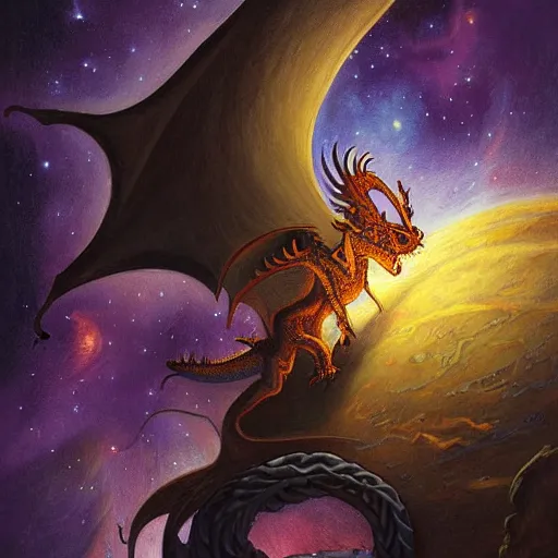 Image similar to A beautiful painting of a dragon in space by Justin Gerard. The dragon is in the foreground with its mouth open, revealing rows of sharp teeth. Its body is coiled and ready to strike, and its tail is wrapped around a star in the background. The colors are bright and the background is full of stars and galaxies. The overall effect is one of chaotic energy and movement. cow print, aardman animation by John Wayne Gacy CGI, tumultuous