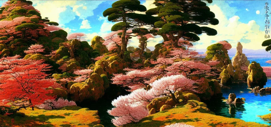 Image similar to ghibli illustrated background of a strikingly beautiful landform with strange rock formations and red water and cherry blossoms by vasily polenov, eugene von guerard, ivan shishkin, albert edelfelt, john singer sargent, albert bierstadt 4 k