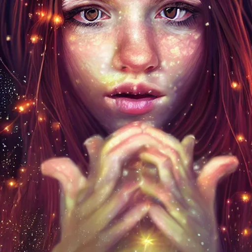 Prompt: highly detailed sharp wallpaper portrait of a red haired girl softly smiling among fireflies, with long hair, green eyes, round face, hint of freckles, intricate details, dramatic light, golden ratio, hyper realistic digital art