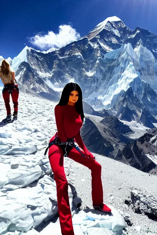 Image similar to kylie jenner mountain climbing on everest with wolves