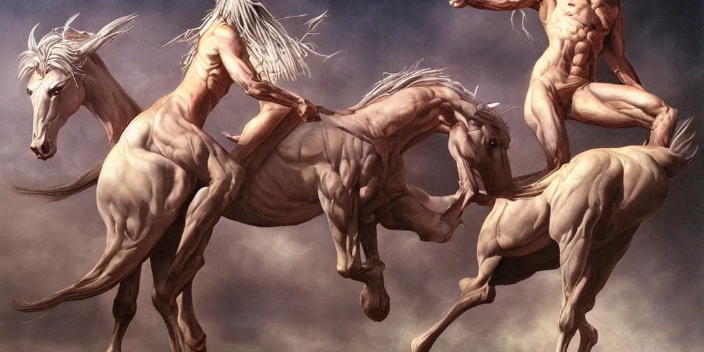 Prompt: centaur by gerald brom, hyper realistic,