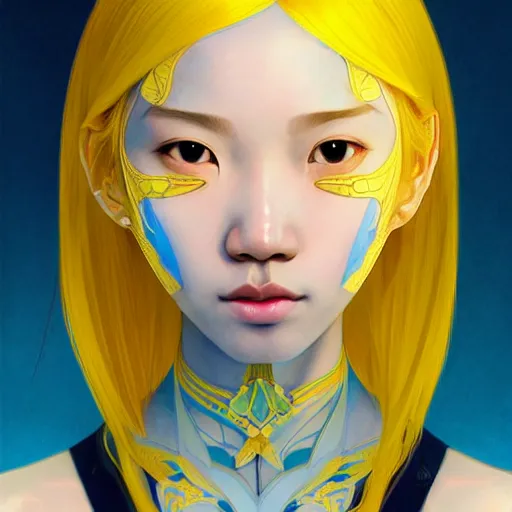 Image similar to symmetry!! portrait of a filipino cute girl blue - yellow hair, nasal strip, intricate, elegant, highly detailed, my rendition, digital painting, artstation, concept art, smooth, sharp focus, illustration, art by artgerm and greg rutkowski and alphonse mucha and uang guangjian and gil elvgren and sachin teng