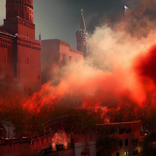 Image similar to a big explosion with clubs of smoke in the form of cotton plant in Red Square Kremlin, dynamic lighting, cinematic, extremely high detail, photo realistic, cinematic lighting, post processed, concept art, artstation, matte painting, unreal engine 8k