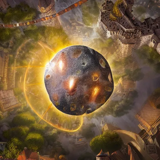 Image similar to A Giant magical gem meteorite in the middle the plaza of a medieval city, beautiful, concept art, sharp focus, highly detailed, intricate, still, photograph, fantasy, medieval, midday, day, sunny, shimmering, realistic, 8k, award winning, trending on artstation, Dungeons and dragons, tabletop, in the style of Wizards of the coast