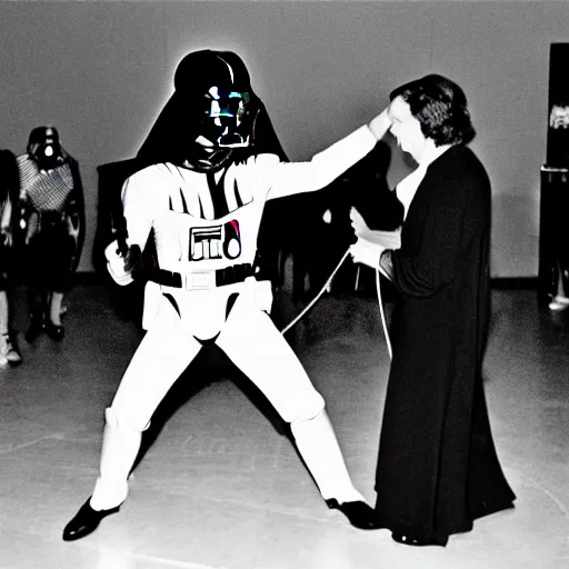 Image similar to Photography of Darth Vader dancing at a sock hop