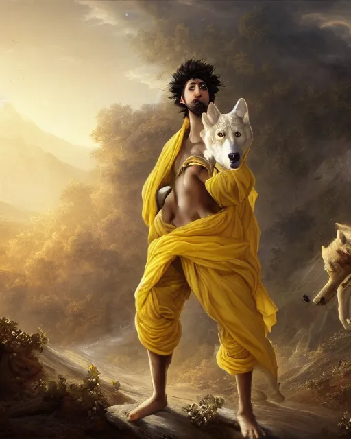 Prompt: A epic and beautiful rococo painting of a young arab guy half wolf covered in yellow cloth surrounded by wolves of ashes, standing before a desert of ashes. ultra-detailed. Anime, pixiv, UHD 8K CryEngine, octane render