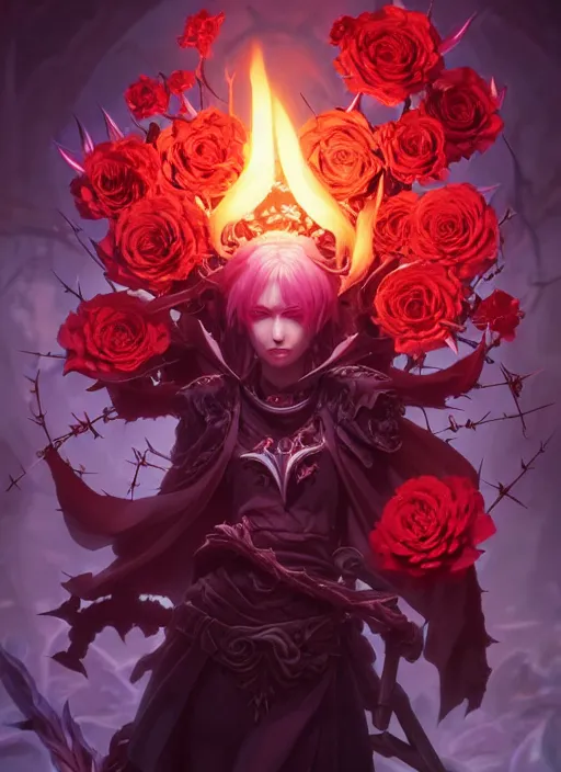Prompt: beautiful necromancer with fire magic, surrounded by thorns and roses, attarctive face, anime key visual, highly detailed, sharp focus, concept art, league of legends, style by shumolly and monable and artgerm and greg rutkowski and zeronis and pilyeon and ruan jia