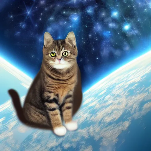Image similar to A cat sitting on the planet earth in space, digital art