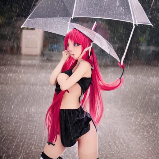 prompthunt: anime girl walks in lingerie and pantyhose in the rain with an  umbrella, red curly hair in pigtails with an elastic band, rain, full HD, 8k