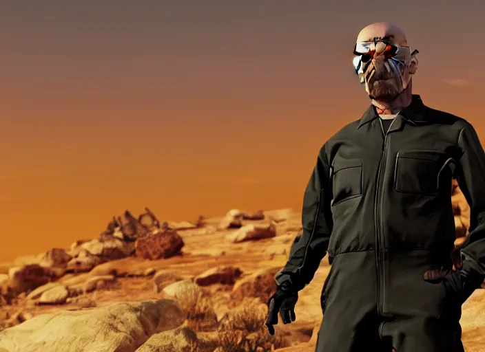 Prompt: film still of Walter White as Gordan Freeman wearing Black Mesa Jumpsuit in the Half Life Movie, 4k