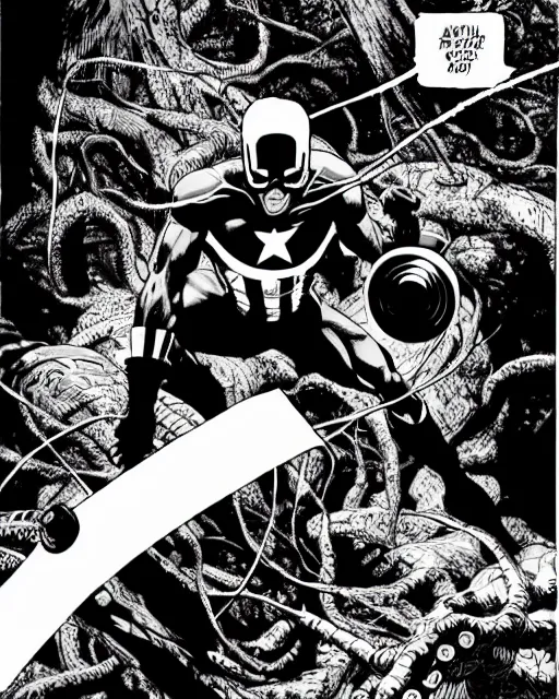 Image similar to black and white captain america defends himself with a shield against the sword of a giant tree monster with wires and tentacles in the cuberpunk forest, by tsutomu nihei, black and white