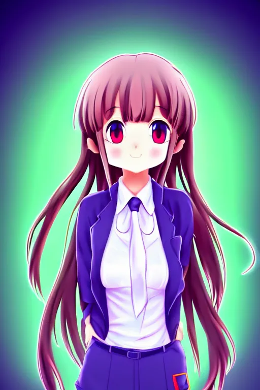 Image similar to full body anime portrait of a cute girl round eyes long hair dressed in a school uniform cinematic stunning highly detailed 4 k neon anatomically correct